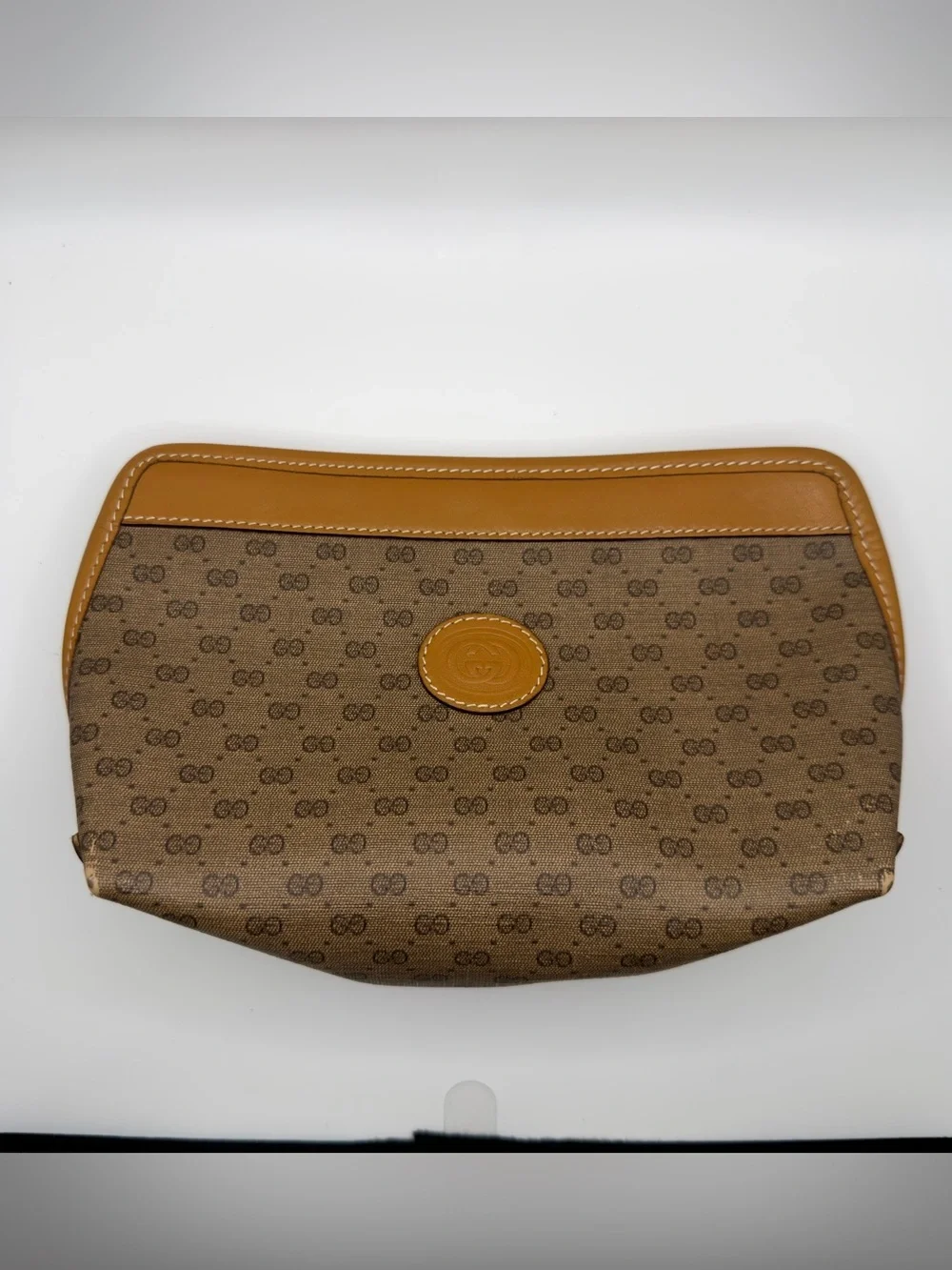 Vintage Gucci Micro GG Monogram Cosmetic Pouch Caramel Leather.